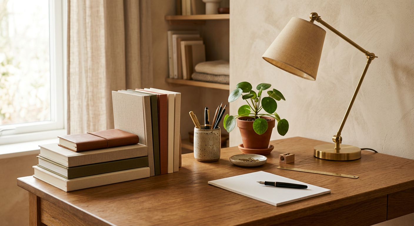 Bureau d'écriture organisé avec carnets et papeterie