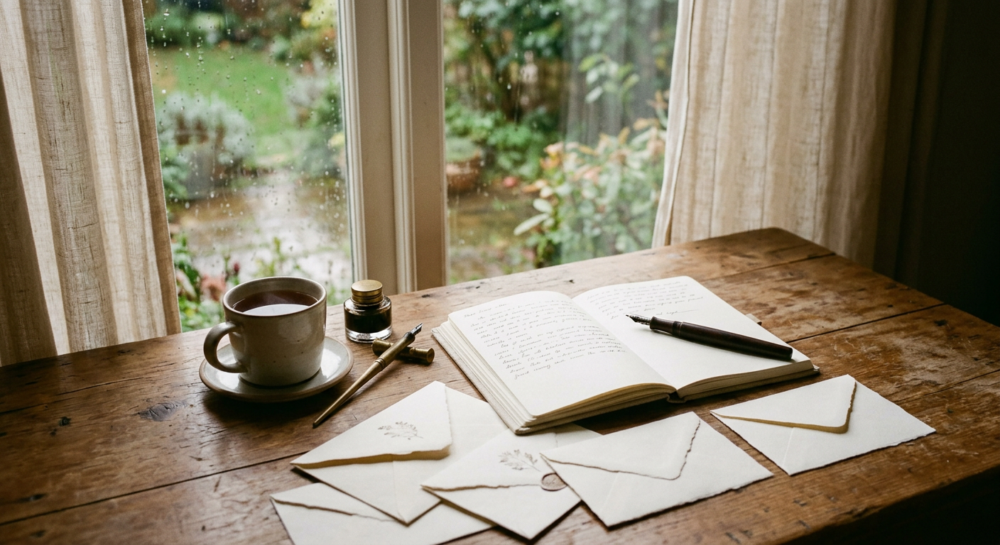 Scène intime d'écriture de lettre avec thé et stylo plume