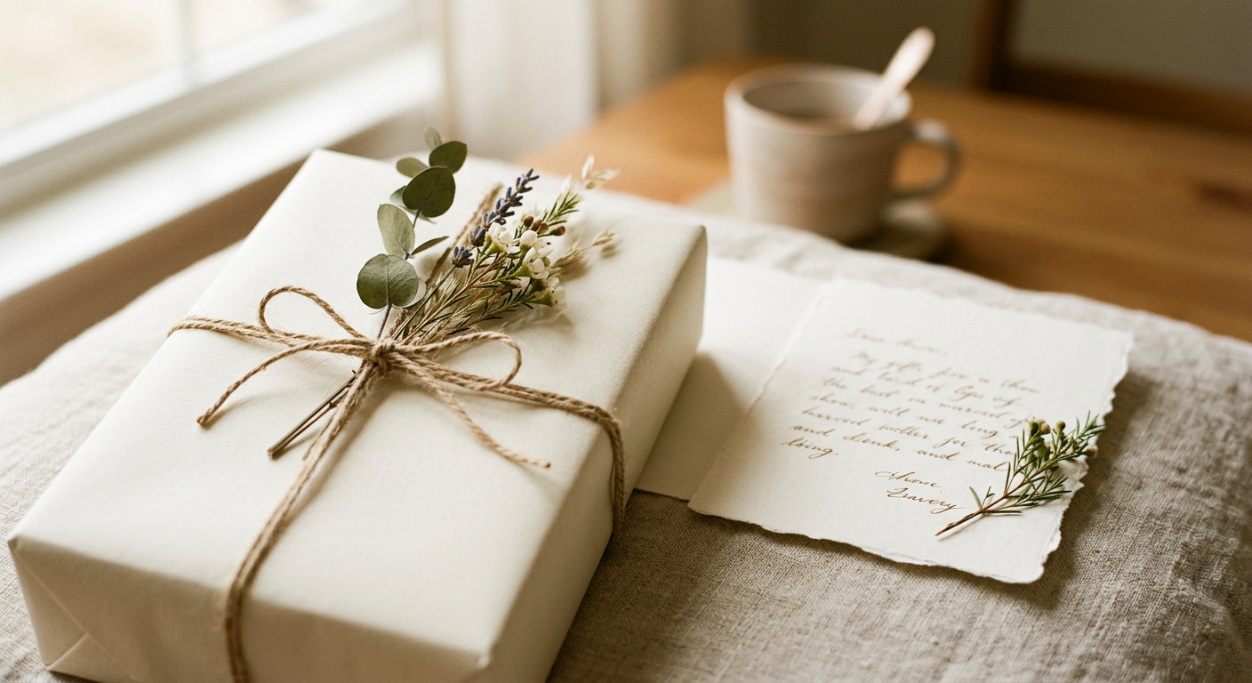 Un cadeau emballé avec soin et une carte manuscrite