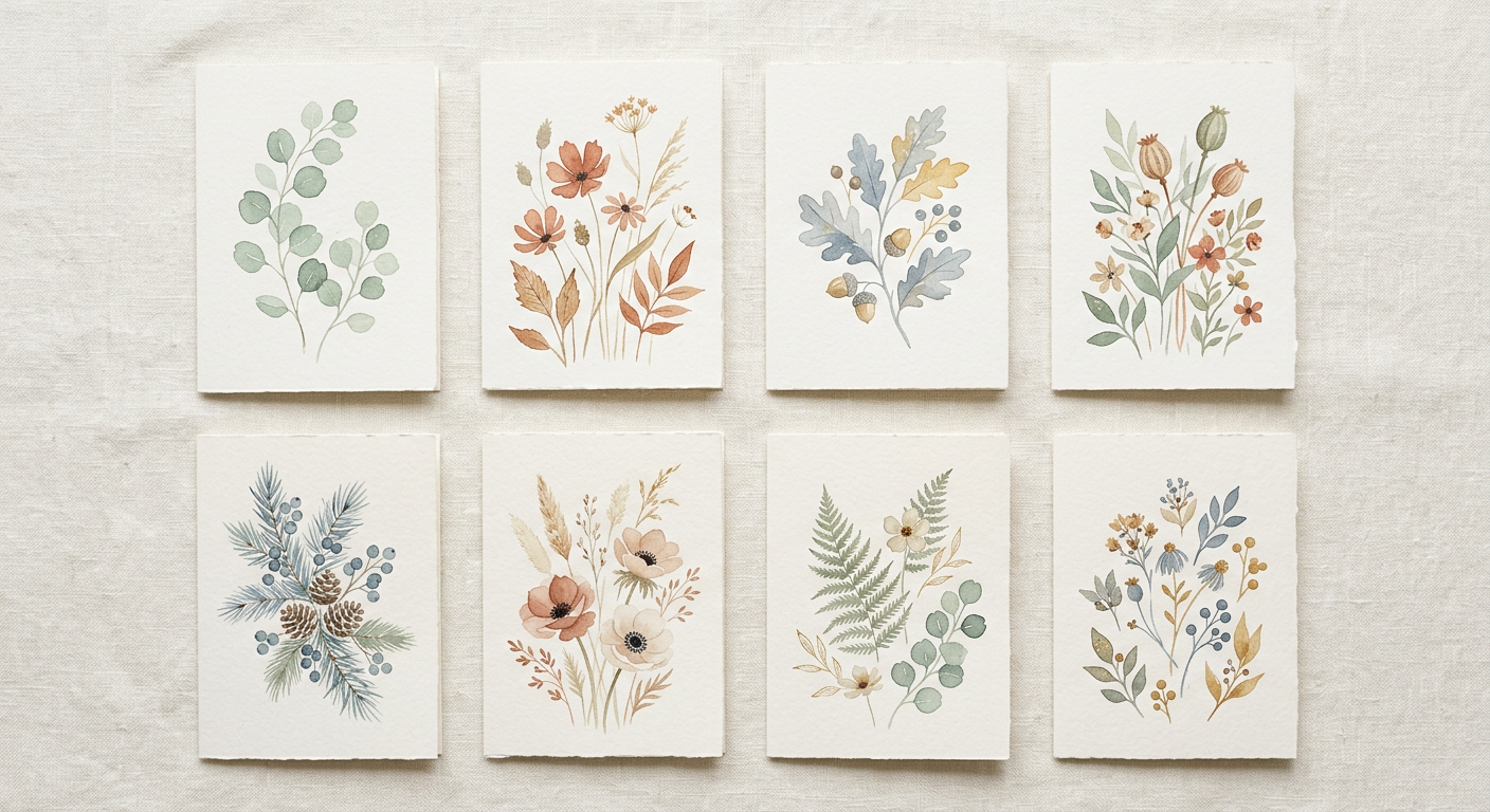 Lot de 8 cartes aquarelle aux couleurs des saisons